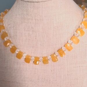 Butter Yellow Opal & Crystal Beaded Necklace. 17+" Handcrafted, Sterling   New